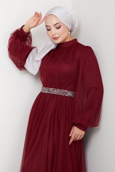 Taş Detaylı Büyük Beden Tesettür Abiye Alya - Bordo